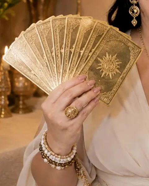 As cartas douradas do tarot abertas na mão da Vanessa
