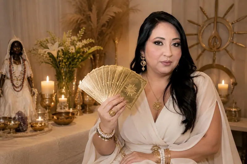 Vanessa, a Taróloga da Luz, de vestido branco, com as cartas douradas do tarot abertas na mão, entre velas e flores